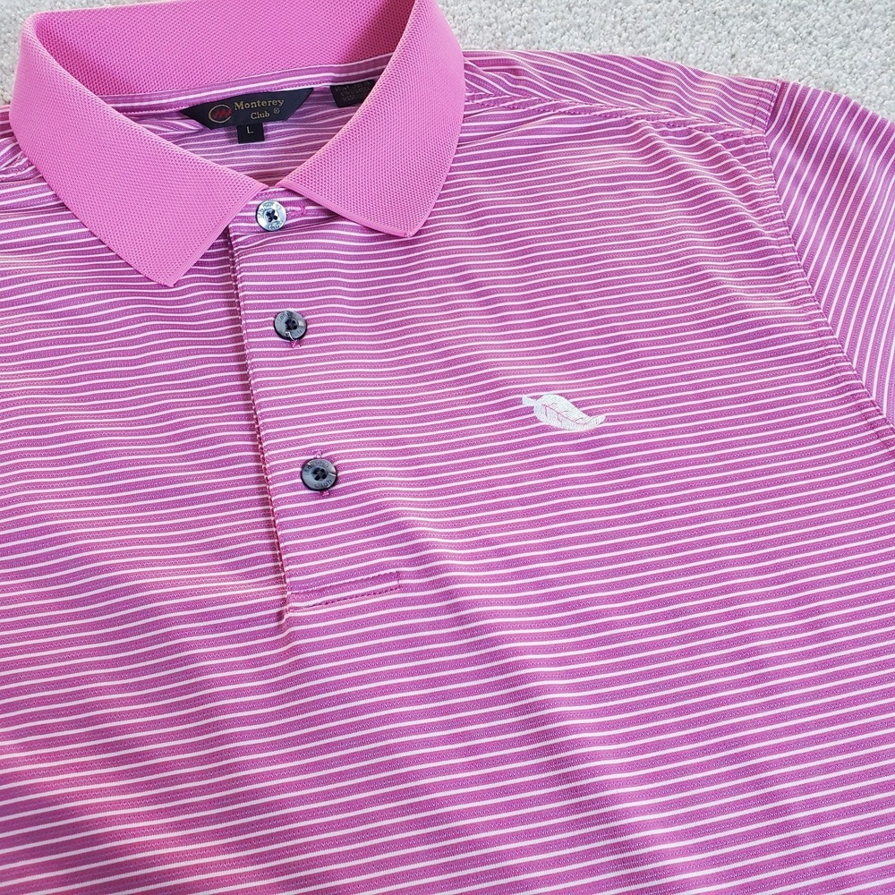 Monterey Club‎ Polo Shirt Size L Pink White Stripe Leaf / Feather Golf Logo